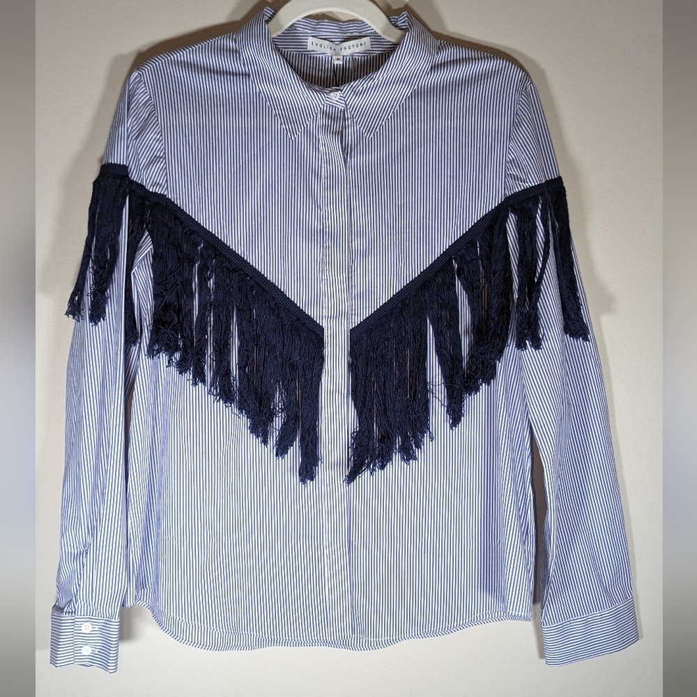 Blue and White Pin Stripped Fringe Button Up
